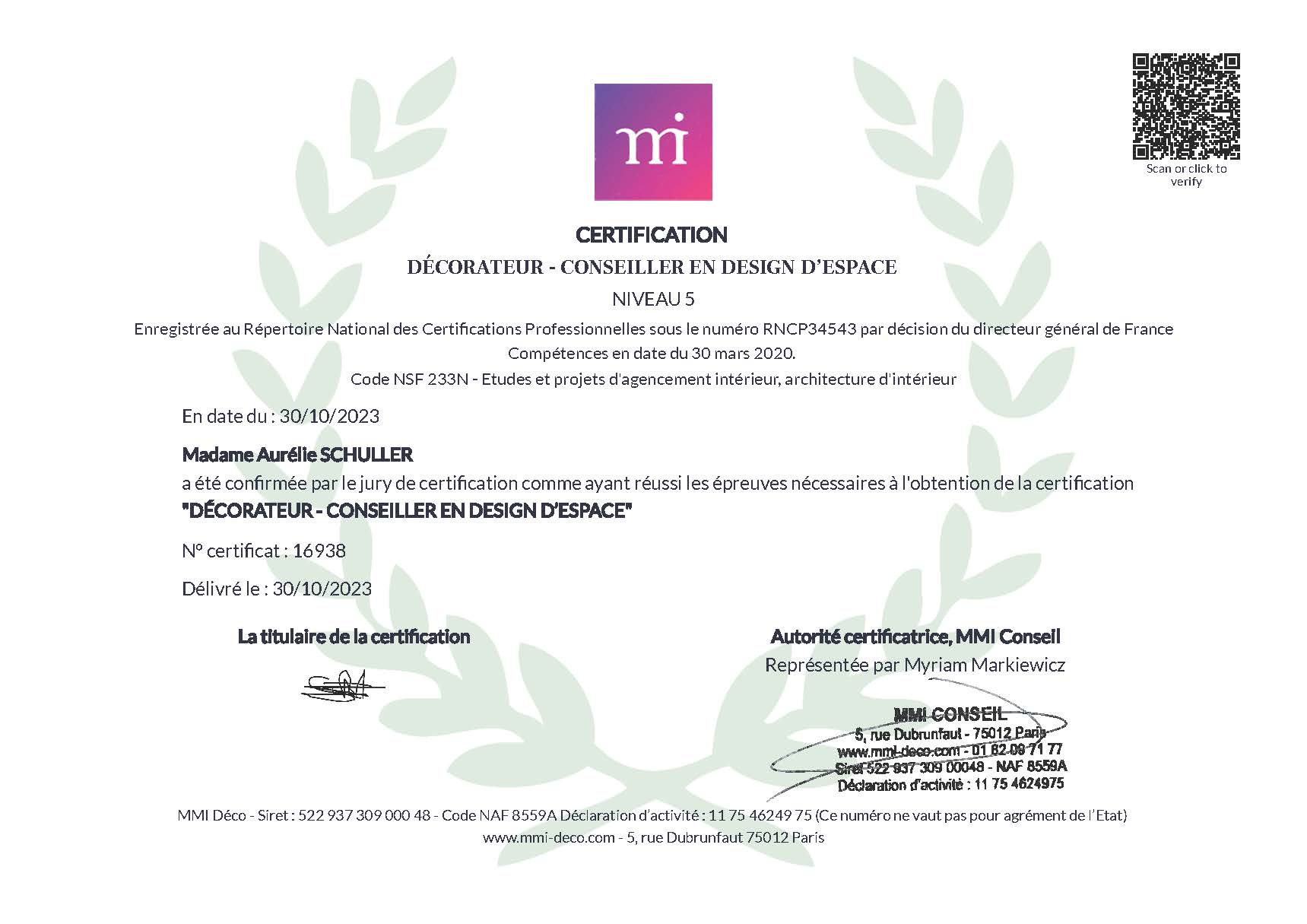 DIPLOME MMI DECO | Ils'invest Nouvelle certification pour Aurélie Schuller : Décoratrice – Conseillère en Design d’Espace Wittelsheim 0